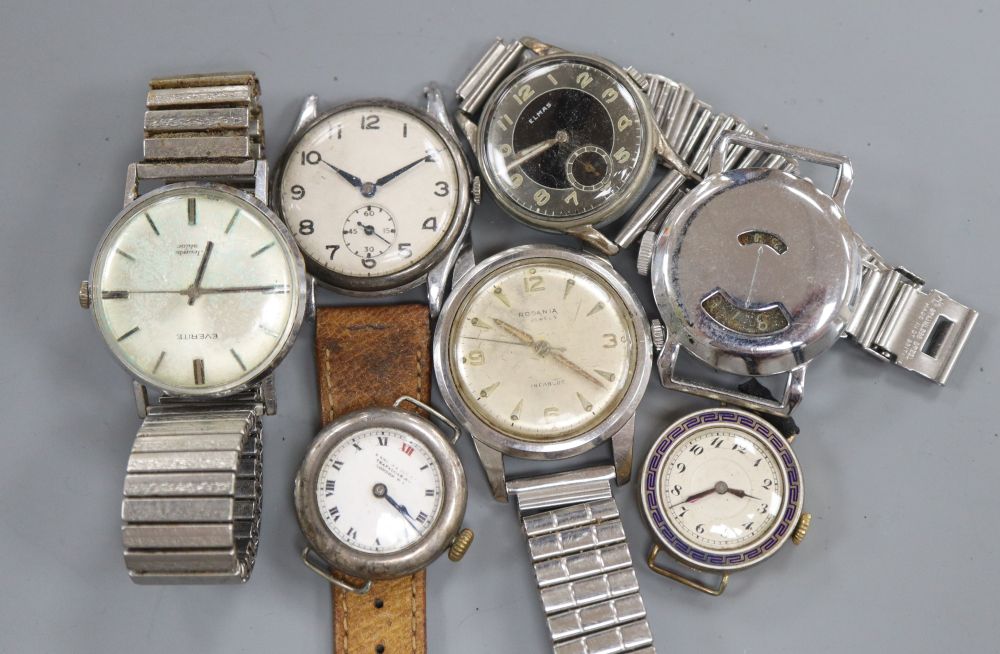 Seven assorted wrist watches including Elmas, Everite and Rodania.